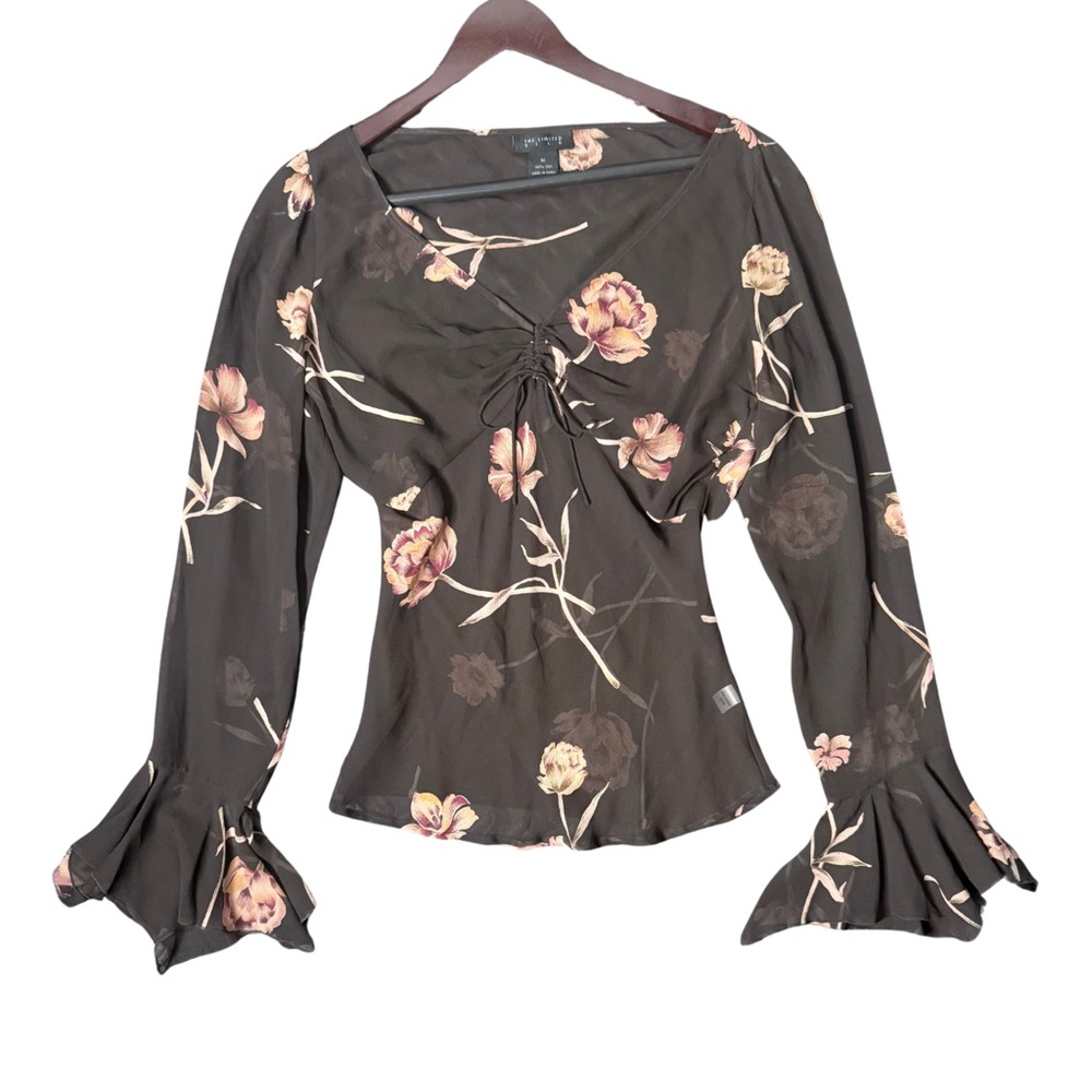Women’s Brown Sheer Floral Bell Sleeve Top